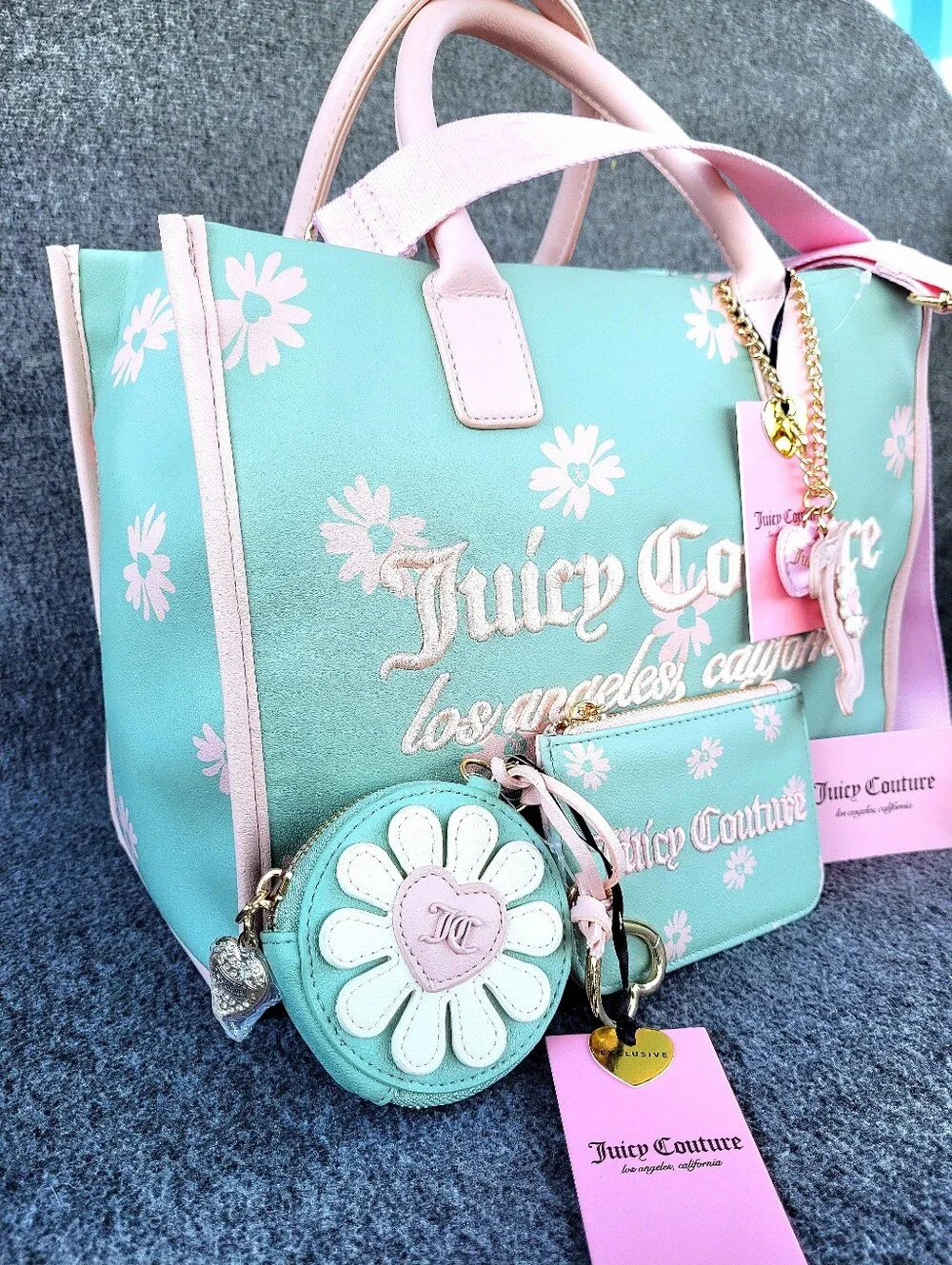Juicy Couture Daisy For Juicy Tote Frosty Green Pink With Matching Card Wallet